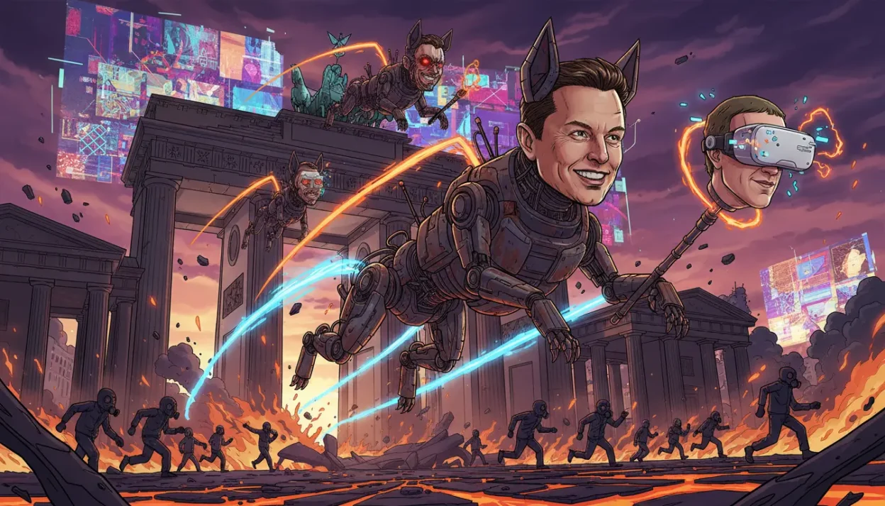 Beeple's berlin exhibit features robot dogs with musk and zuckerberg heads