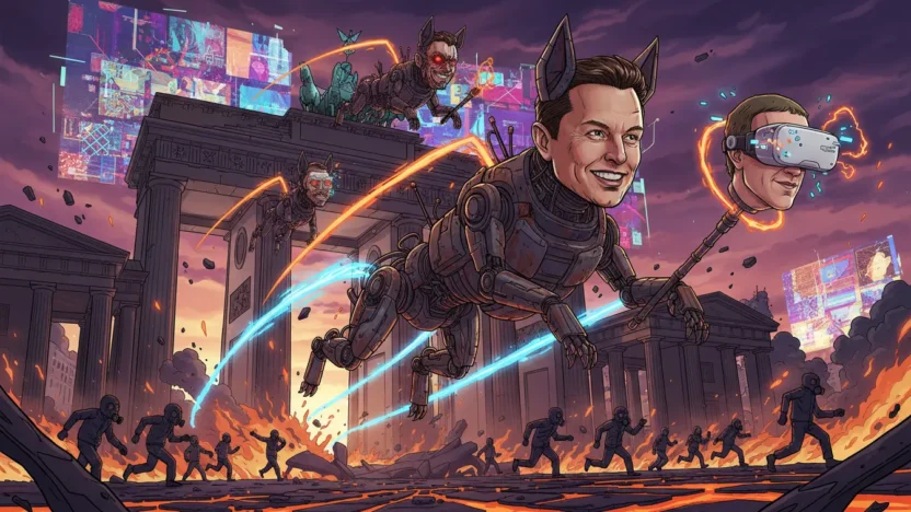 Beeple's berlin exhibit features robot dogs with musk and zuckerberg heads