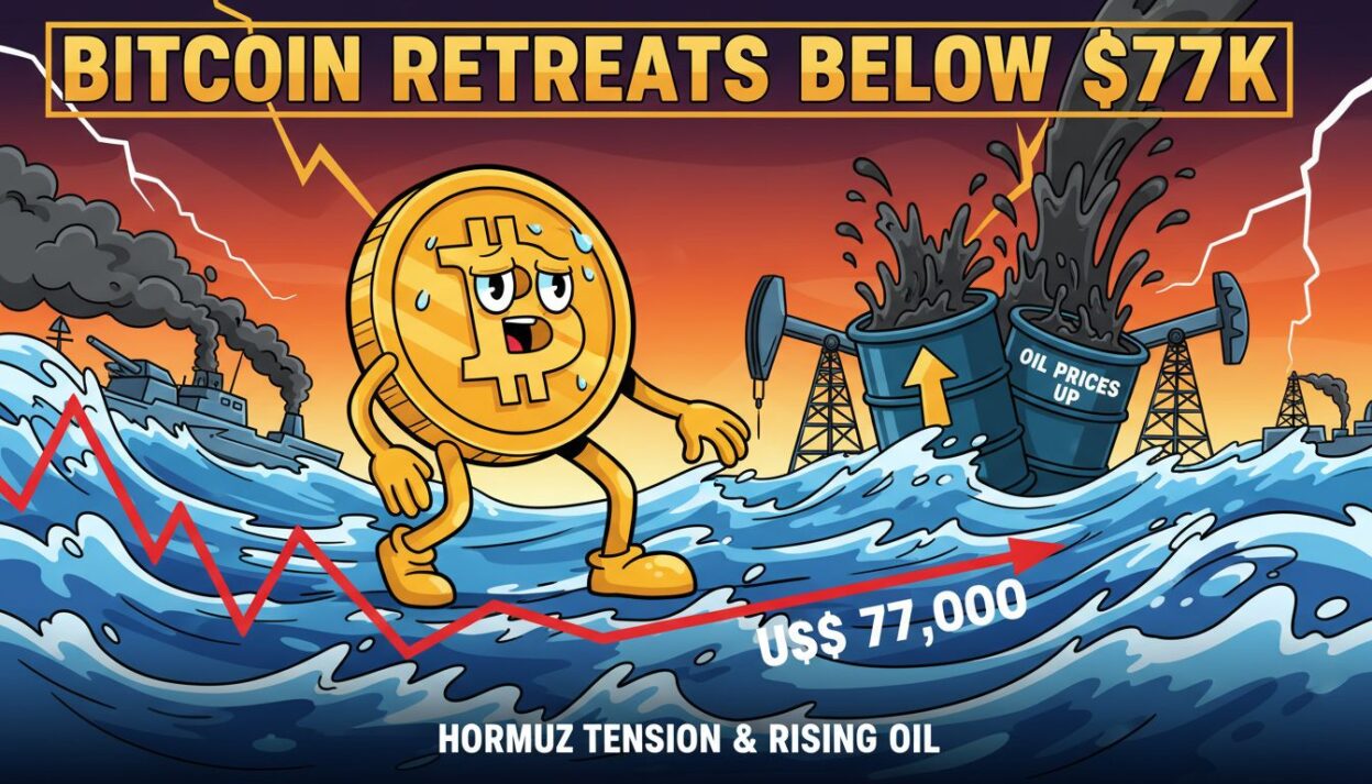 Bitcoin recua abaixo de US$ 77 mil com tensão em Ormuz e petróleo em alta